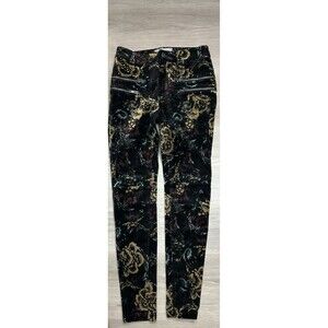 Free People Pants Women  Black Floral Skinny Moto Zipper Stretch Ankle Jeans 0